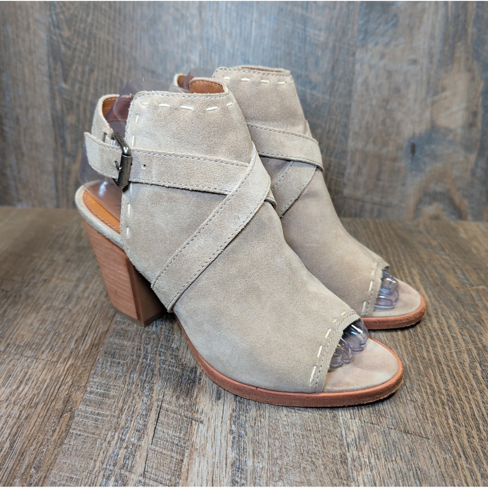 Frye Leather Dani Pickstitch Open Toe Sandals Ash Size 7M Chunky Heel Tan - Picture 1 of 12